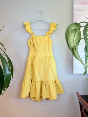 Chelsea and Violet Butter Yellow Linen Cotton  Ruffled Tiered Tie Back Dress L